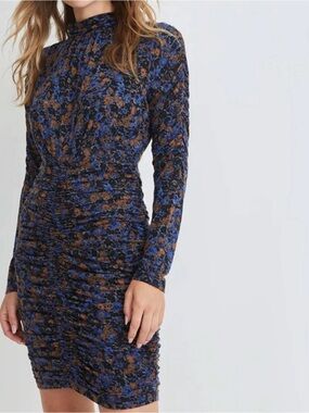 Veronica Beard Blue and Brown Floral Ruched Long-Sleeve Dress